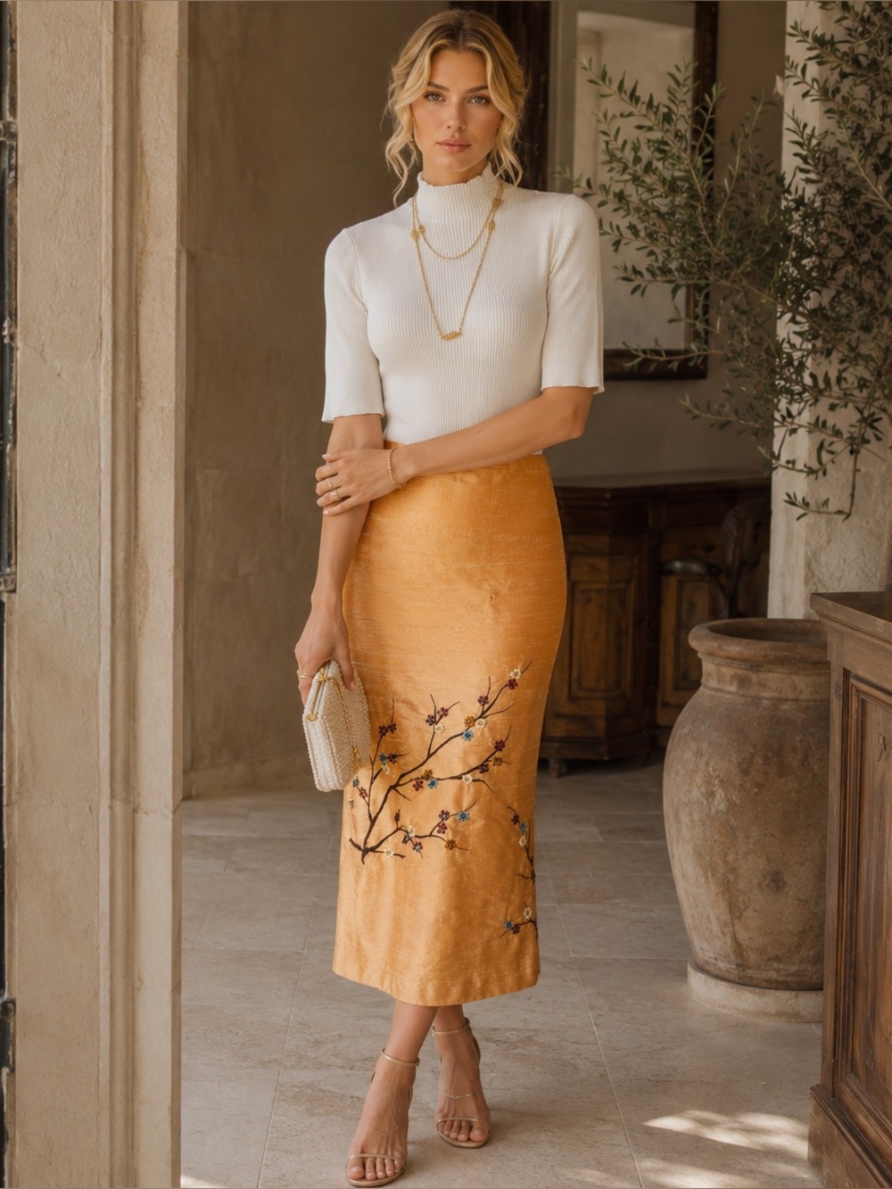 Vtg Lillie Rubin Silk Midi Skirt Intricate Beading Boho Size 6 Office Siren